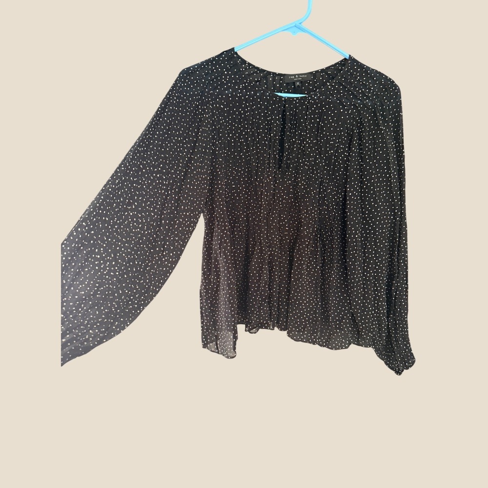 Rag & Bone Black White‎ Polka Dot Pleated Keyhole Blouse XS Coquette Career